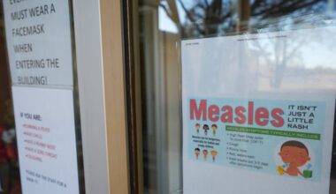 A sign warns of measles outside a clinic in Brownfield, Texas, last year. Pennsylvania is also seeing an outbreak centered in Lancaster County.