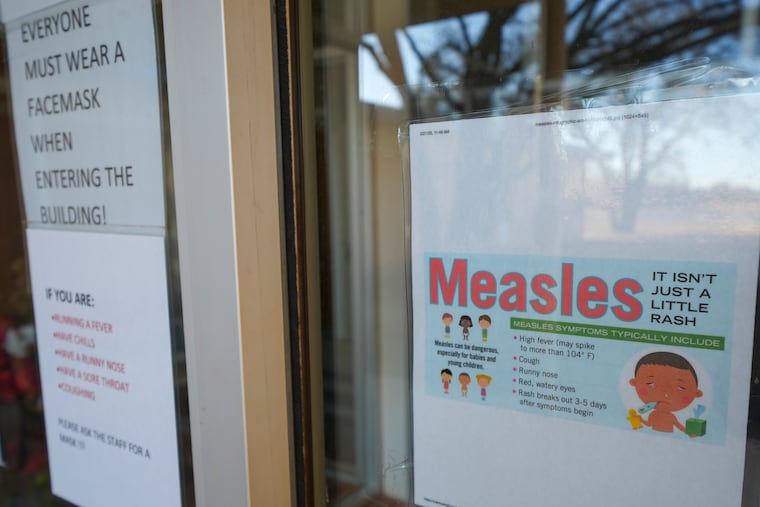 A sign warns of measles outside a clinic in Brownfield, Texas, last year. Pennsylvania is also seeing an outbreak centered in Lancaster County.