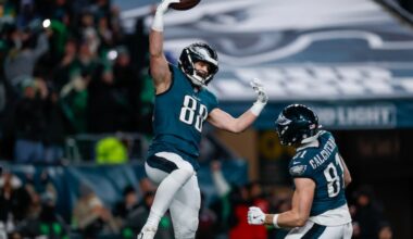 Tight end Dallas Goedert celebrates a touchdown catch with Grant Calcaterra during the Eagles' playoff loss to the 49ers on Jan. 11.