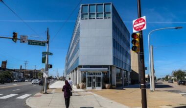 The wedge shape of the 1919 Cottman Ave. building is photographed from the intersection of Castor and Cottman Avenues on Sept. 27, 2021. A crash occurred at the intersection on Saturday.