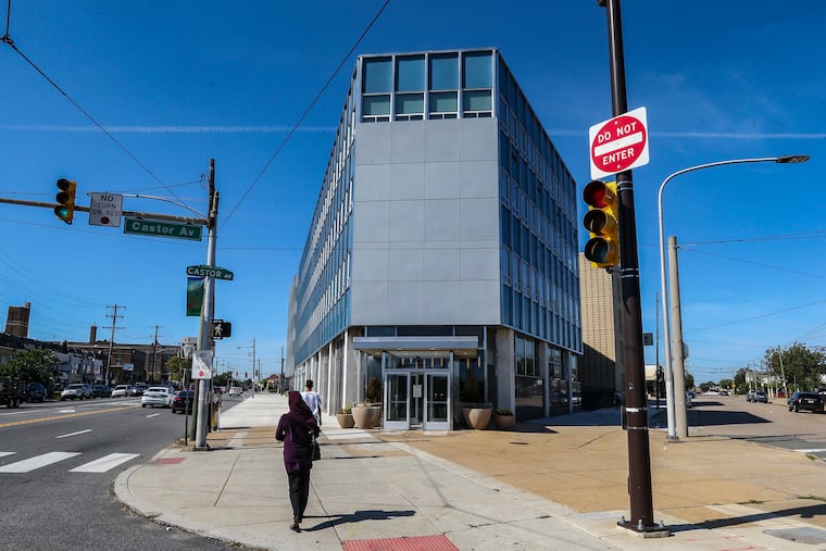 The wedge shape of the 1919 Cottman Ave. building is photographed from the intersection of Castor and Cottman Avenues on Sept. 27, 2021. A crash occurred at the intersection on Saturday.