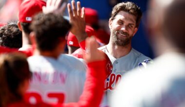Phillies first baseman Bryce Harper celebrates his fifth-inning home run against the Toronto Blue Jays on Saturday at TD Ballpark in Dunedin, Fla.