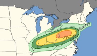 The shaded areas represent different risk levels of thunderstorm activity through the PM hours today. While thundershowers are possible in the light green areas, they could be severe in the dark green areas. The yellow feature has a higher risk of severe thunderstorm activity while the orange area has the highest risk today. Image: SPC