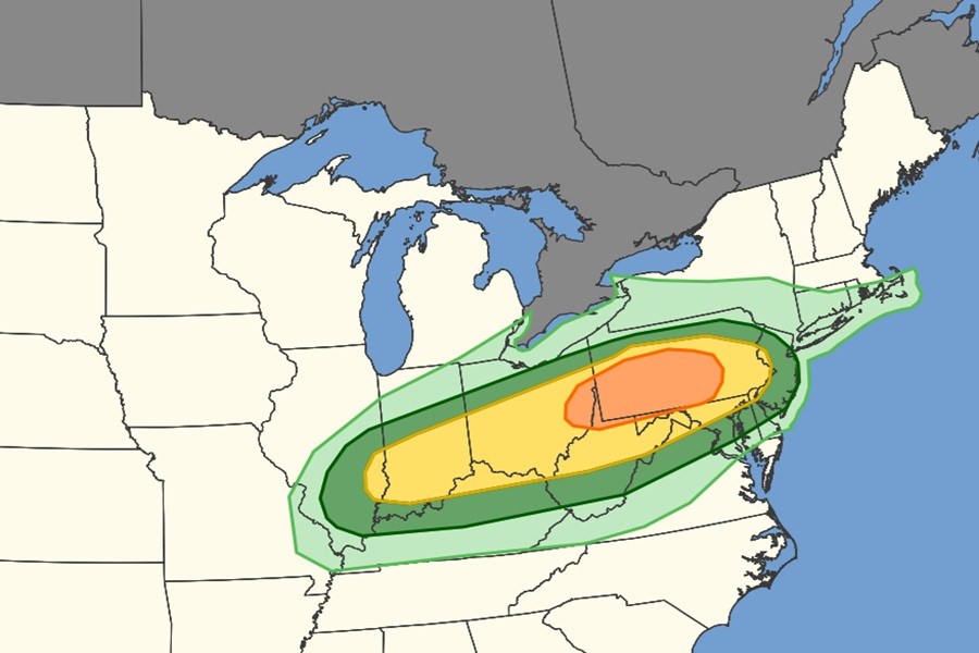The shaded areas represent different risk levels of thunderstorm activity through the PM hours today. While thundershowers are possible in the light green areas, they could be severe in the dark green areas. The yellow feature has a higher risk of severe thunderstorm activity while the orange area has the highest risk today. Image: SPC