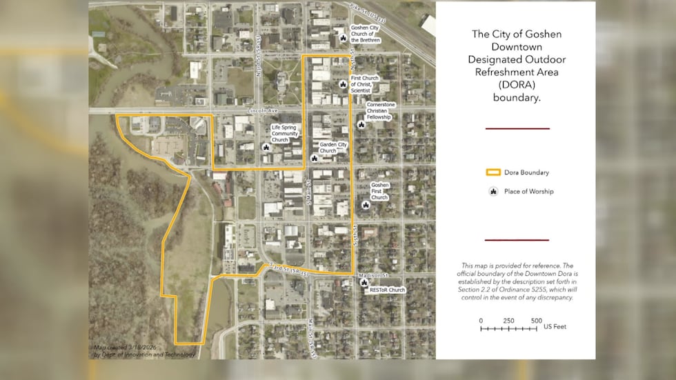 A map of the proposed boundary for The City of Goshen Downtown Designated Outdoor Refreshment...