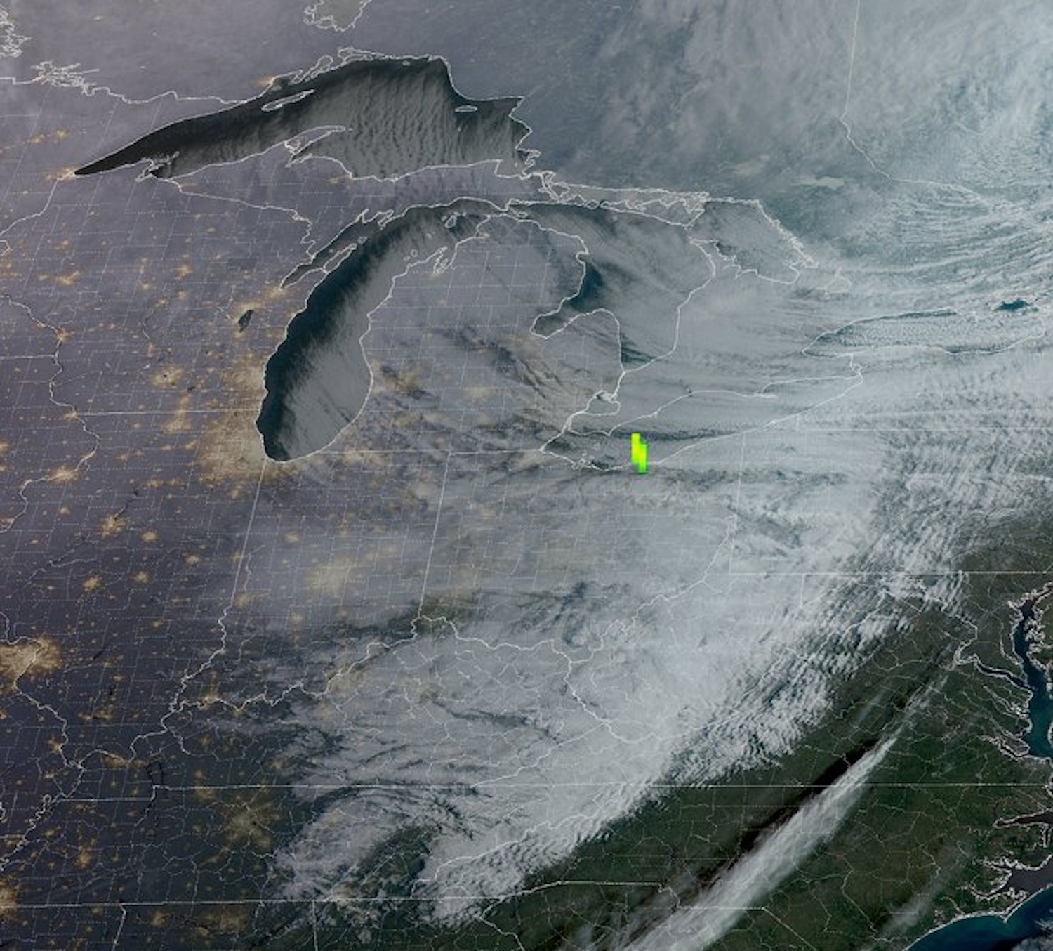 Satellite image tracking bright flash of light above Ohio