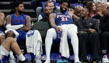 Tyrese Maxey (right) will soon rejoin the Sixers' lineup with Paul George (left) and Joel Embiid.