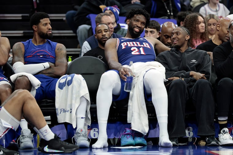 Tyrese Maxey (right) will soon rejoin the Sixers' lineup with Paul George (left) and Joel Embiid.