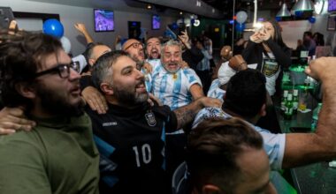 Many fans cheer as Argentina scores their second goal against the Netherlands in the World Cup at Dimension Sports Bar in Philadelphia, Pa., on Friday, Dec. 9, 2022.