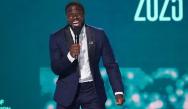 Host Kevin Hart speaks during the BET Awards on Monday, June 9, 2025, at the Peacock Theater in Los Angeles. (AP Photo/Chris Pizzello)