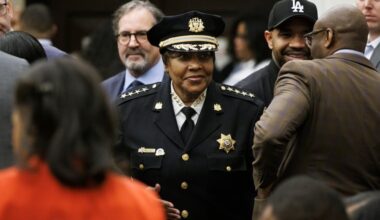 Sheriff Rochelle Bilal, seen during Mayor Cherelle L. Parker's budget address on March 12, 2026. Winning bidders at property auctions say they are still having problems obtaining deeds from Bilal's office, months after paying.