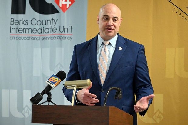 State Attorney General Dave Sunday holds a press conference before meeting with Berks County students at the Berks County Intermediate Unit Central Office, 1111 Commons Blvd., Muhlenberg Township, on Monday, March 16, 2026, to discuss social media's impact on mental health. (BILL UHRICH/READING EAGLE)