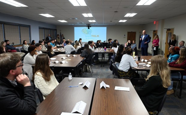 State Attorney General Dave Sunday asks students gathered at the Berks County Intermediate Unit on Monday to help him understand how social media is affecting their mental health. (BILL UHRICH/READING EAGLE)