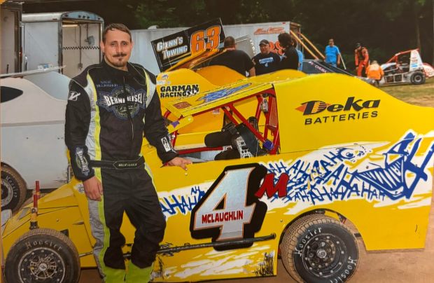 Steven McLaughlin with his race car before suffering a broken neck in a workplace accident in 2023. (Courtesy of Steven McLaughlin)