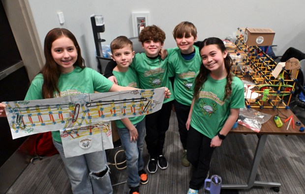 Fourth grade students from Fleetwood Middle School display their You've Been Bamboozled project at the 12th annual Berks County Intermediate Unit's STEM Design Challenge at the UGI Training Center, 1049 Stinson Drive, Bern Township, on Tuesday, March 17, 2026. With their project are, from left, Eden Moyer, 10; Elijah Hartman, 10; Jackson Kemmerer, 10; James Kienle, 11; and Elizabeth Lem, 11. (BILL UHRICH/READING EAGLE)