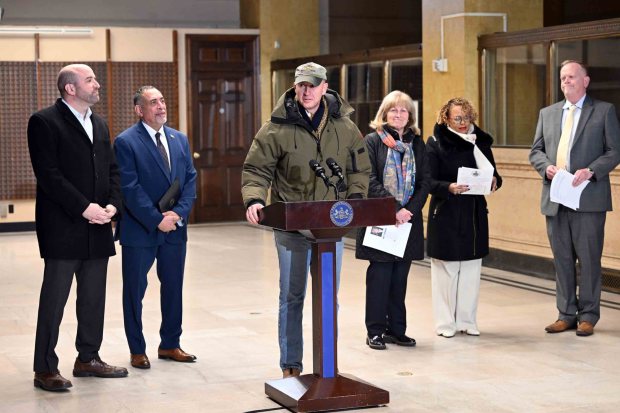 Reading developer Alan Shuman speaks about creating housing opportunities in the city during a press conference at the former bank building at Fifth and Penn streets on Monday, March 2, 2026. (BILL UHRICH/READING EAGLE)