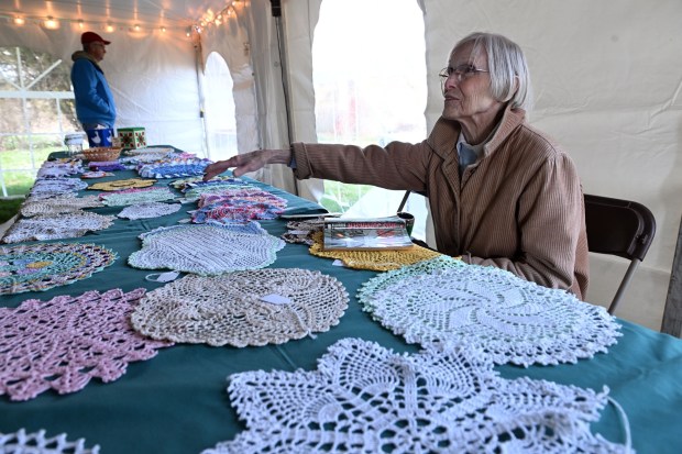 Phyllis Shantzenback of Macungie, Lehigh County, displays her crocheting work during the Easter on the Farm celebration at the Pennsylvania German Cultural Heritage Center at Kutztown University on Saturday, March 28, 2026. (BILL UHRICH/READING EAGLE)