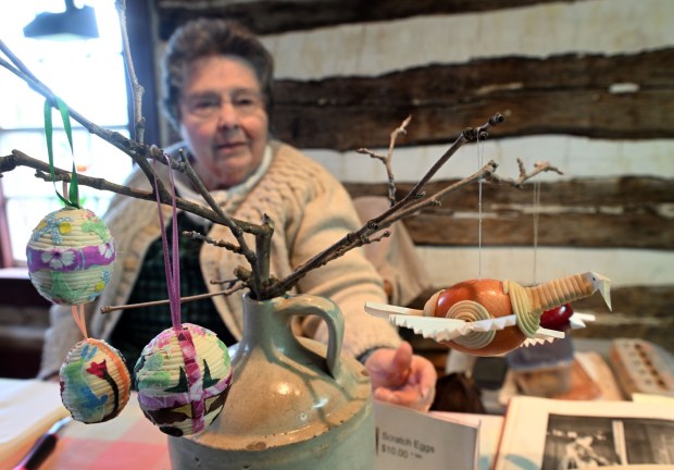 Elaine Vardjan of Oley displays an ostervogel egg she had created during the Easter on the Farm celebration at the Pennsylvania German Cultural Heritage Center at Kutztown University on Saturday, March 28, 2026. (BILL UHRICH/READING EAGLE)
