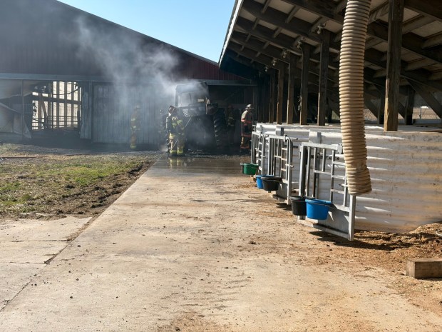 Fire crews at the scene of a fire on a Marion Township heifer farm in the 200 block of School Road on Tuesday. (COURTESY OF JOHN SILESKI)