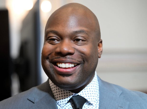The new Reading Fire Chief Robert Leonard II during a press conference in City Hall on Tuesday, March 24, 2026.. (BILL UHRICH/READING EAGLE)