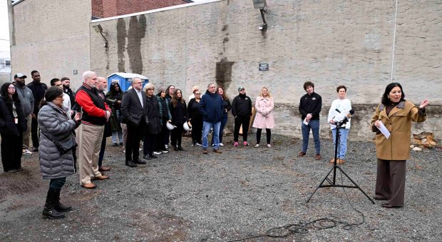 Angel Helm, vice chair of the board at the Olivet Boys and Girls Club, speaks to state and local officials and staff during groundbreaking ceremonies for the renovations of the club at 722 Mulberry St. on Friday, March 6, 2026. (BILL UHRICH/READING EAGLE)