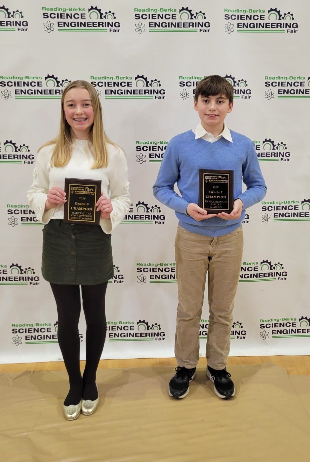 Reading-Berks Science and Engineering Fair sixth grade champion Maeve Quirk, Conrad Weiser Middle School, left, and seventh grade champion Kyrill Reinard, LaSalle Academy. (Courtesy of Gregory Przyjemski)