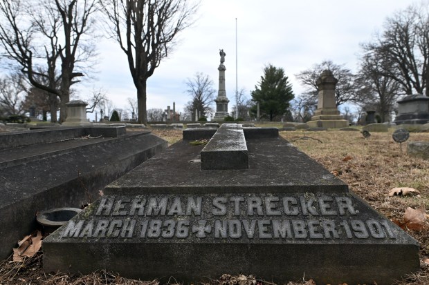 Reading sculptor Herman Strecker is buried in Charles Evans Cemetery in the shadow of his Grand Army of the Republic Civil War memorial. (BILL UHRICH/READING EAGLE)