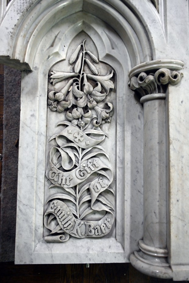 A marble altar in Second Reformed Church at Sixth and Cherry streets was created by Reading sculptor Herman Strecker in 1897 and dedicated to Emily K. Baer, the wife of Reading Railroad President George F. Baer. (BILL UHRICH/READING EAGLE)