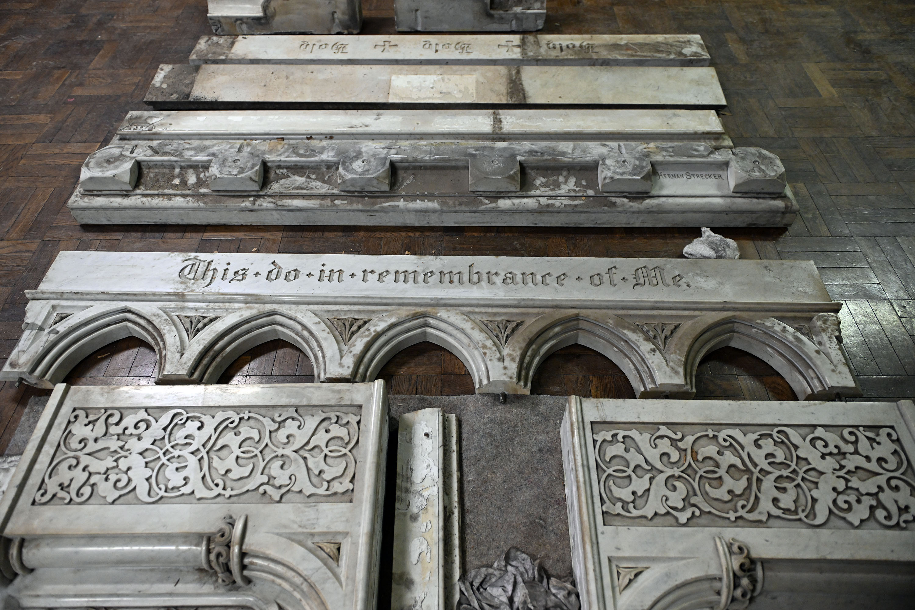 A disassembled marble altar created by Reading sculptor Herman Strecker...