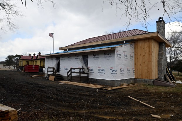 The Freight House in the Sinking Spring's Heritage Park is being rebuilt following a fire that destroyed the original 1872 building last year. (BILL UHRICH/READING EAGLE)