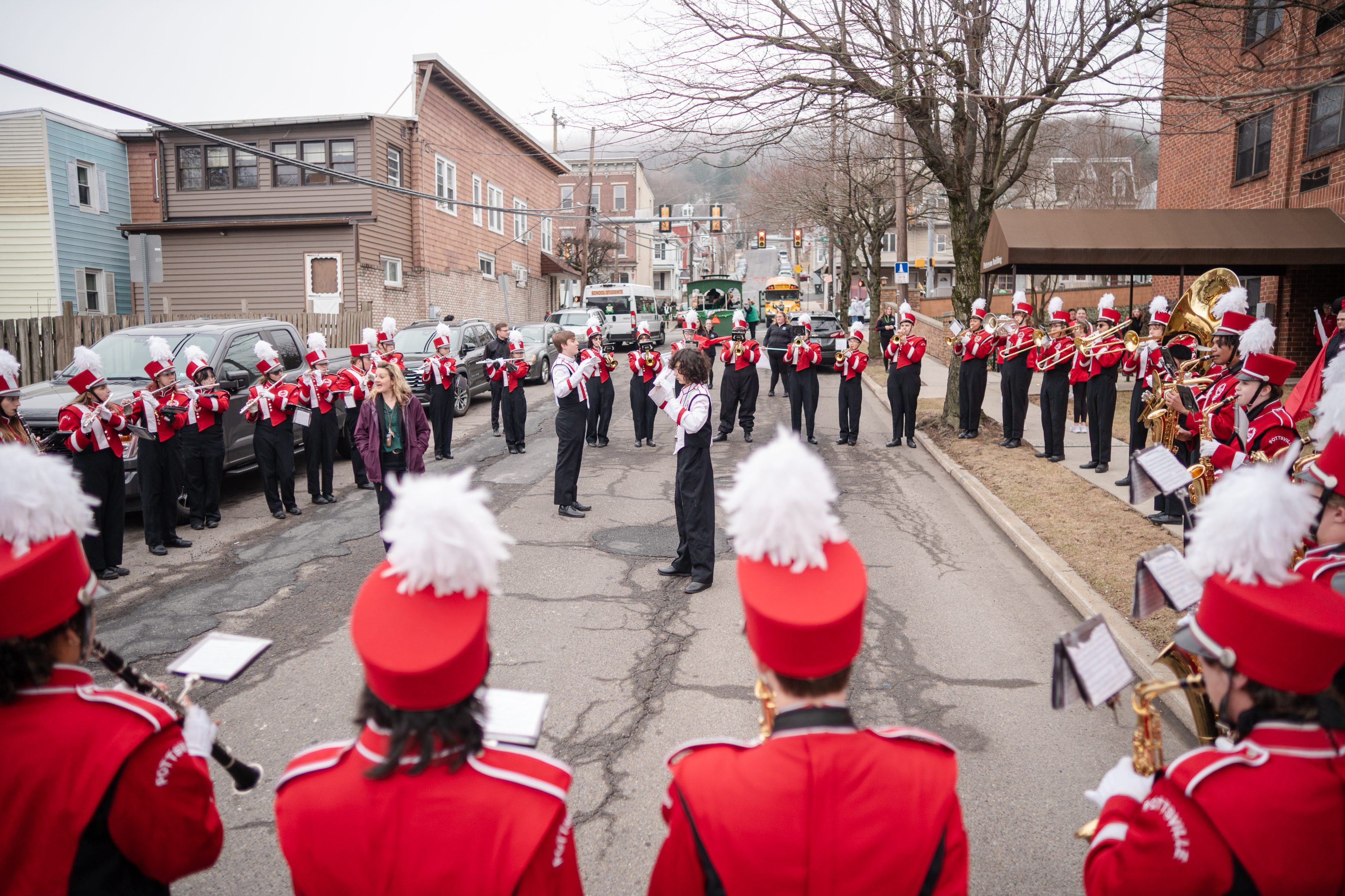 The Pottsville Area High School band warms up before the...