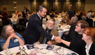 Pennsylvania Democratic Party chair Eugene DePasquale greets people at a Washington County Democratic Committee banquet on Sept. 25 in Canonsburg.