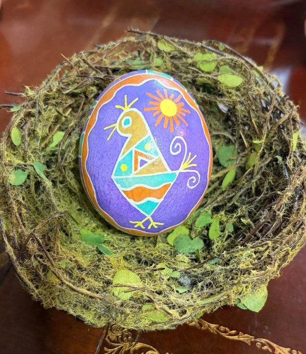 For this year's Easter pysanky classes, Tammy Budnovitch decided to draw a chicken pattern on the egg. (Courtesy of Tammy Budnovitch)