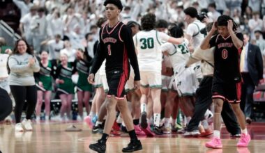 Imhotep’s # 1 Kevin Benson and # 0 Ian Smith walk off the court after the team lost the Imhotep Charter H.S. vs Central Dauphin H.S. PIAA Boys 6A Basketball Championship at the Giant Center in Hershey, Pa. on Saturday, March 21, 2026.