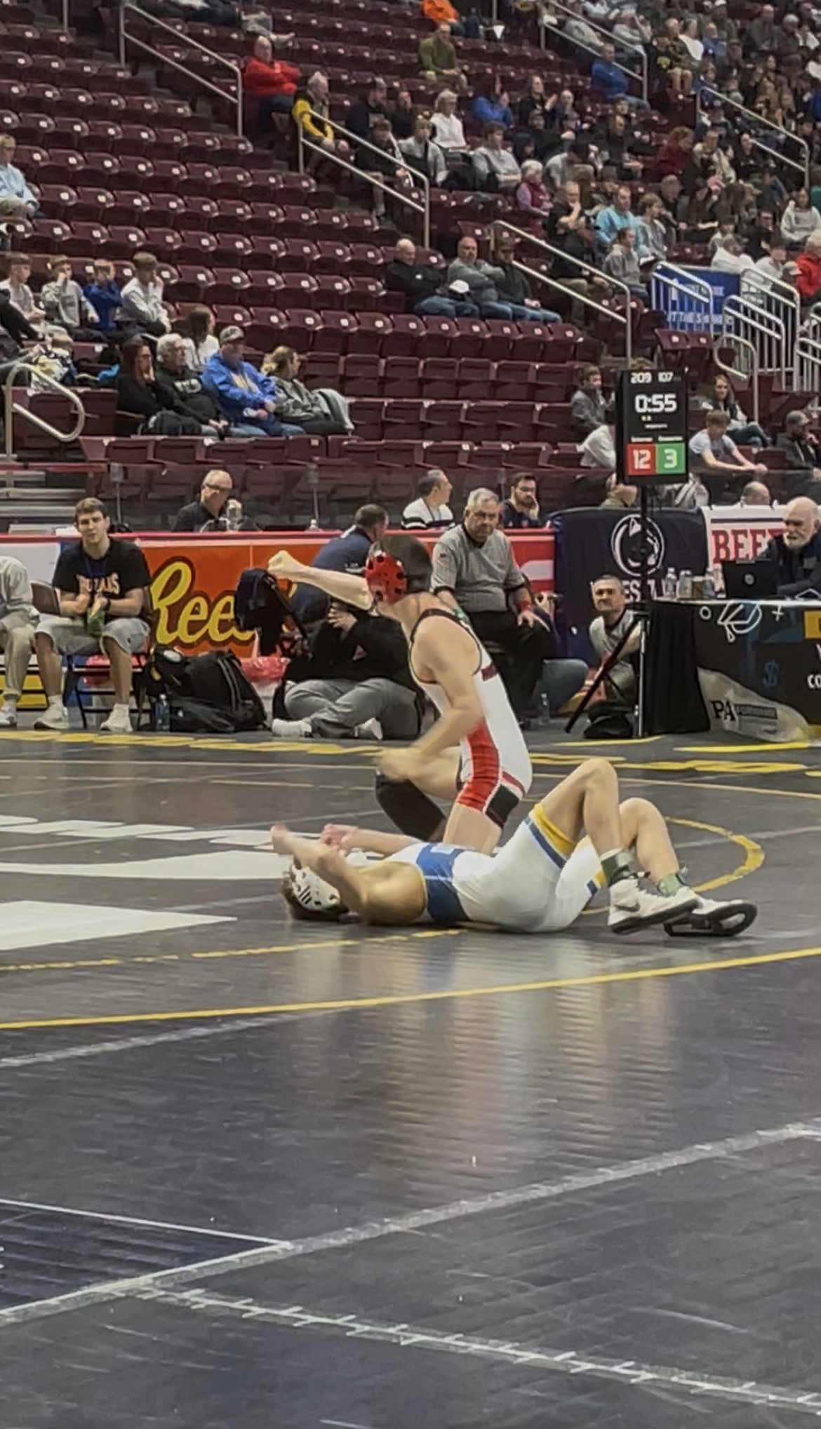 Honesdale’s Nathan Schuman celebrates after pinning Derry Area’s Mason Keesecker...
