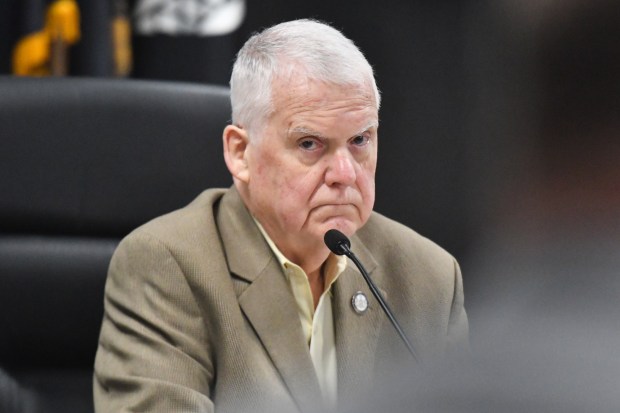 Lackawanna County Commissioner Thom Welby looks on during the commissioners meeting held in the county government center in Scranton Wednesday, March 4, 2026. (SEAN MCKEAG / STAFF PHOTOGRAPHER)