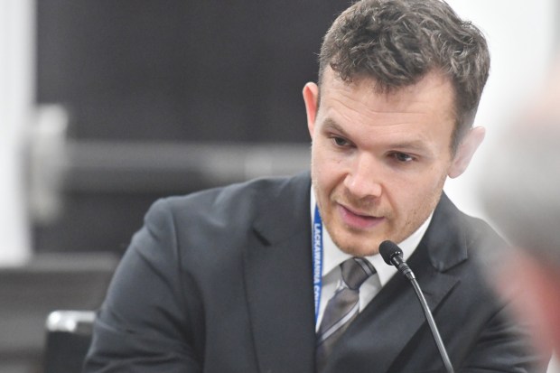 Lackawanna County Solicitor Paul James Walker speaks during the commissioners meeting held in the county government center in Scranton Wednesday, March 4, 2026. (SEAN MCKEAG / STAFF PHOTOGRAPHER)