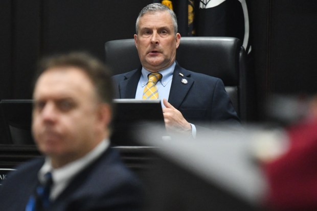 Lackawanna County Commissioner Chris Chermak looks on during the commissioners meeting held in the county government center in Scranton Wednesday, March 4, 2026. (SEAN MCKEAG / STAFF PHOTOGRAPHER)