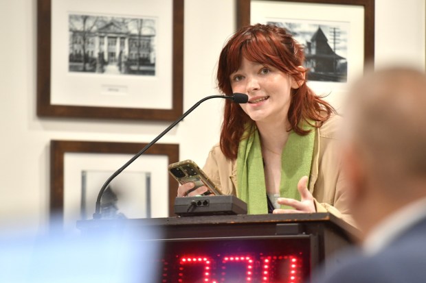 Amanda Karpiak, of Scranton, speaks in favor of the 'Protect Our Neighbors Act' during the commissioners' meeting held at the county government center in Scranton Wednesday, March 18, 2026. (SEAN MCKEAG / STAFF PHOTOGRAPHER)