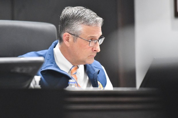Lackawanna County Commissioner Chris Chermak listens to public comment during the commissioners' meeting held at the county government center in Scranton Wednesday, March 18, 2026. (SEAN MCKEAG / STAFF PHOTOGRAPHER)