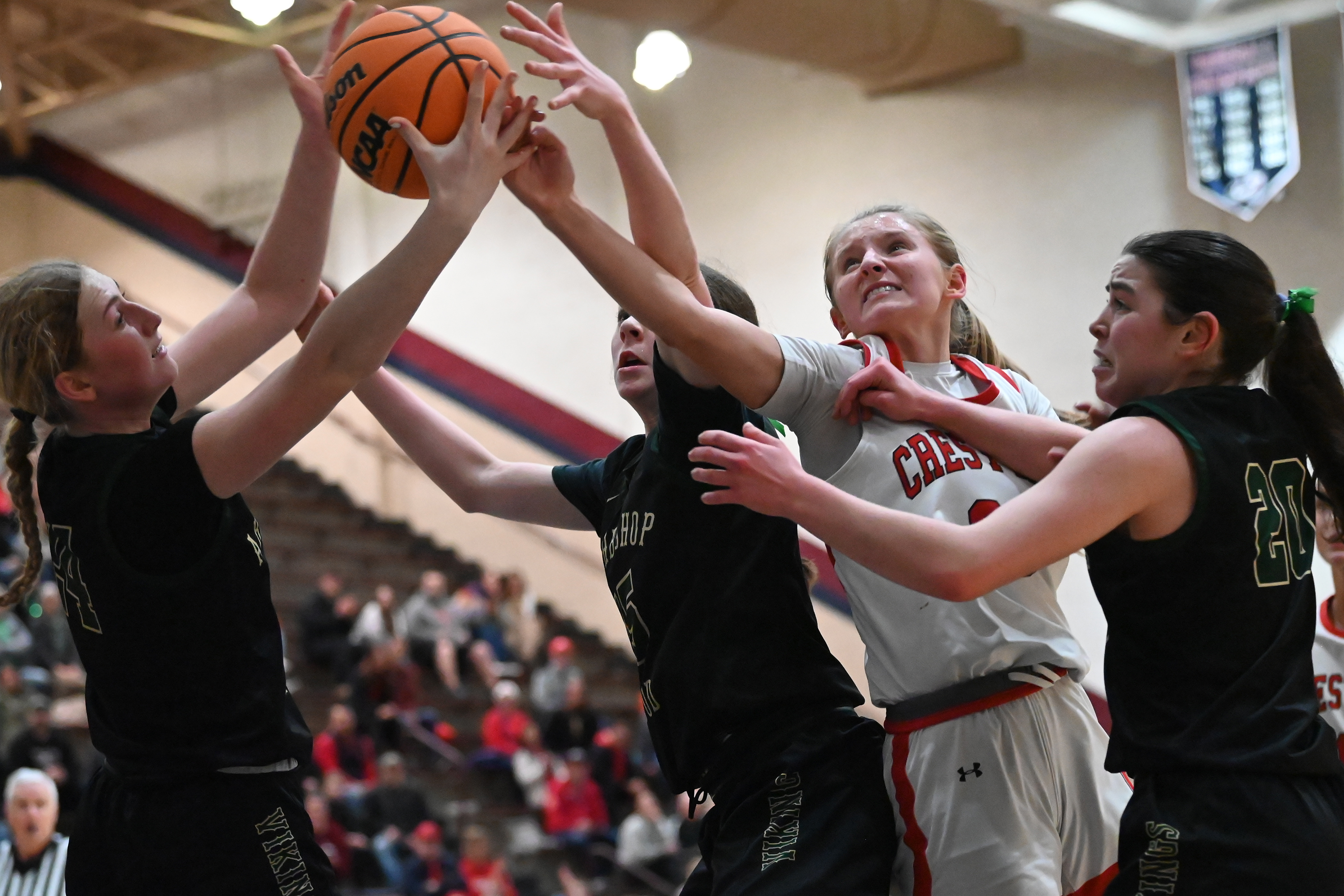 Crestwood’s Keira Dougherty competes with Archbishop Wood’s Abbie Kelly, Zoey...