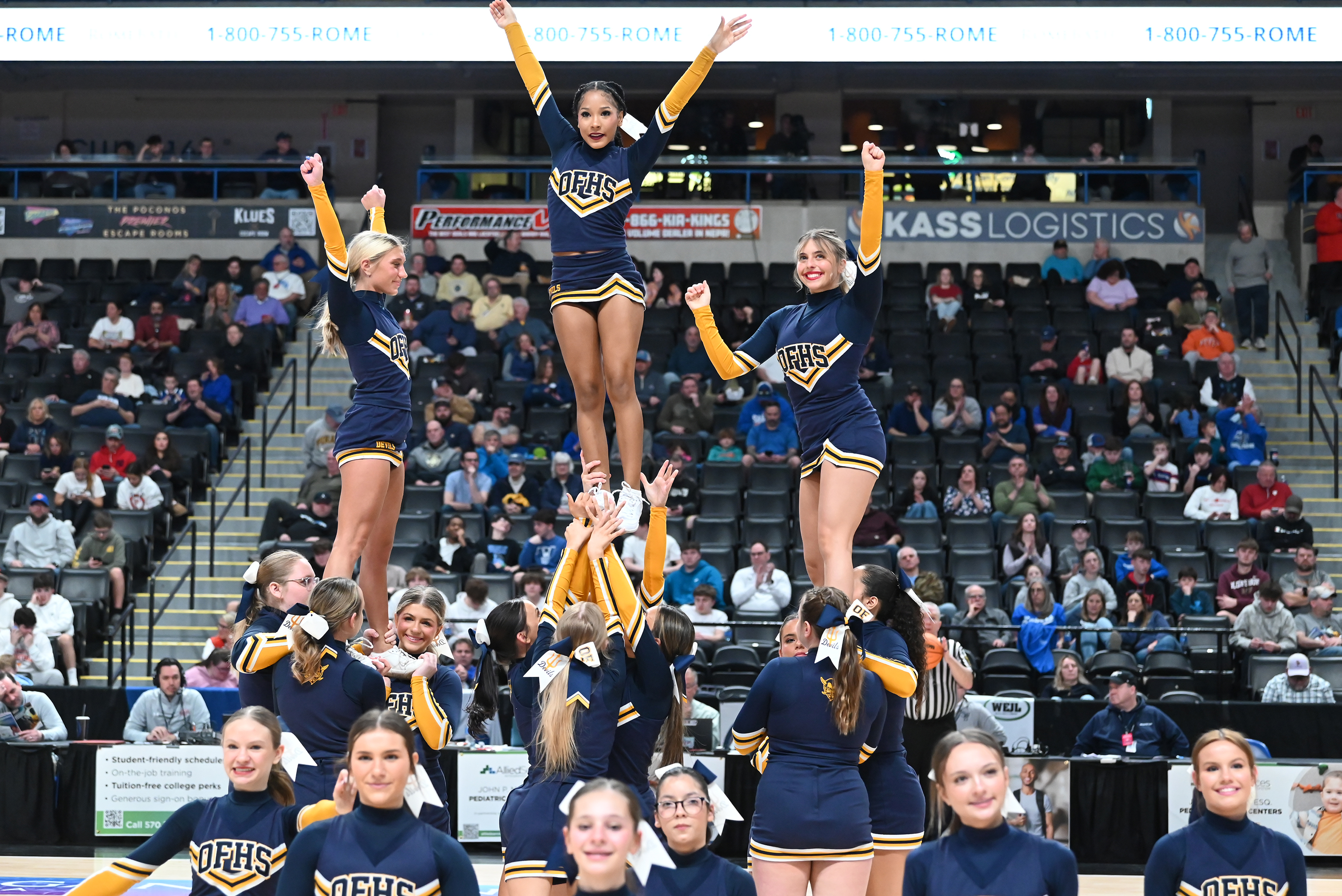 Old Forge cheerleaders perform during the D2 Class 2A boys...