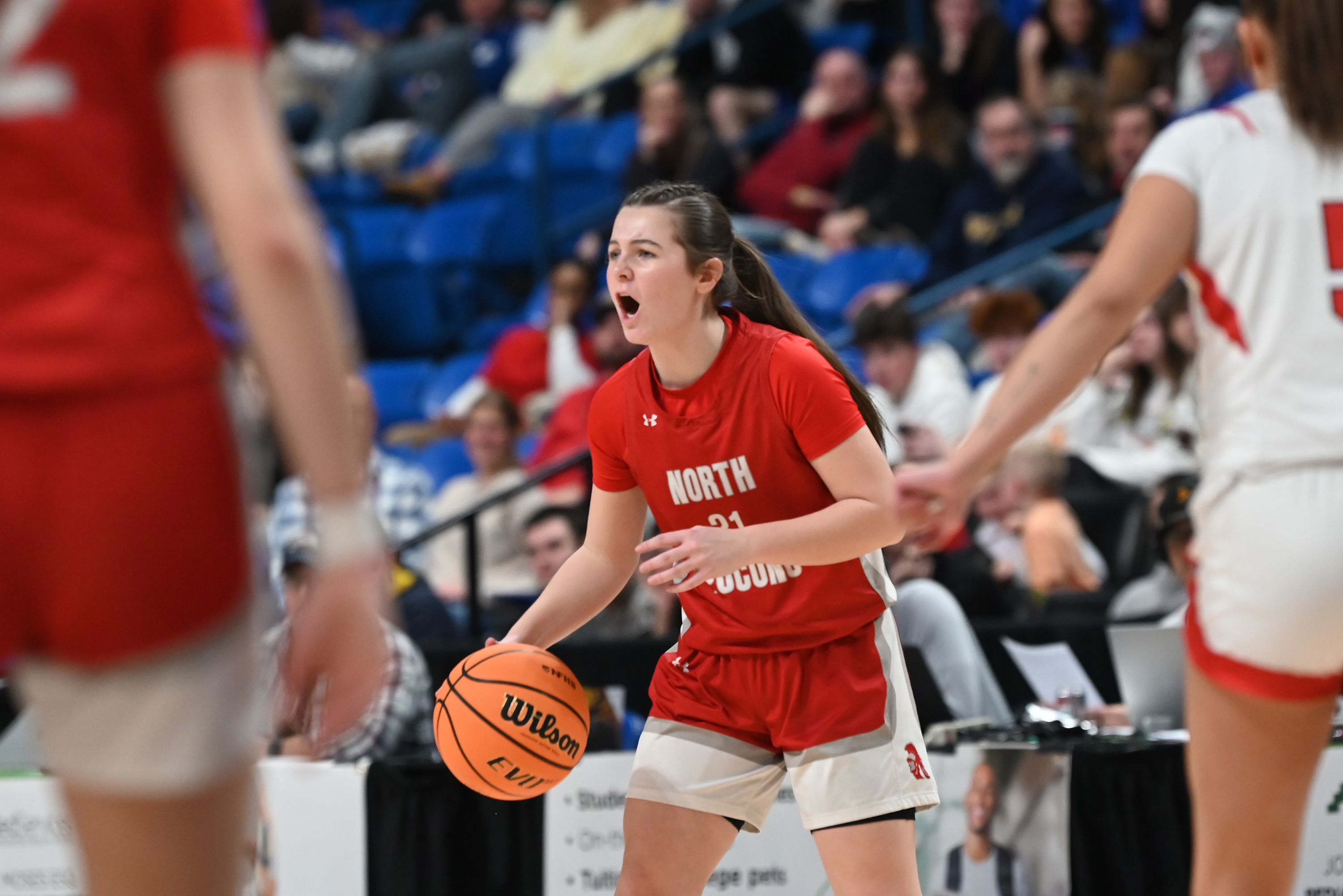 North Pocono’s Aleah Quinn calls out to her teammates during...