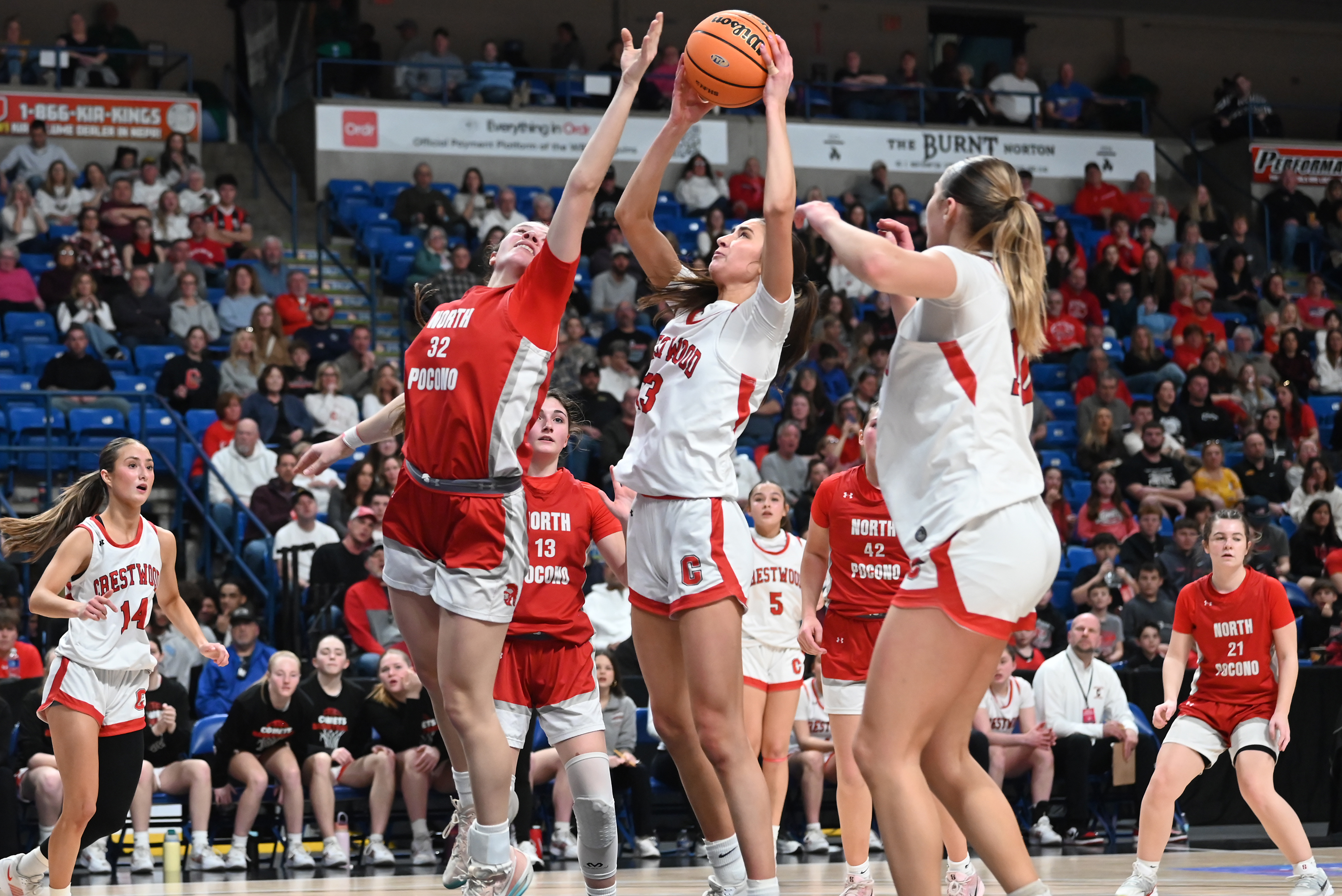 North Pocono’s Celia DeCesare defends Crestwood’s Jackie Gallagher during the...