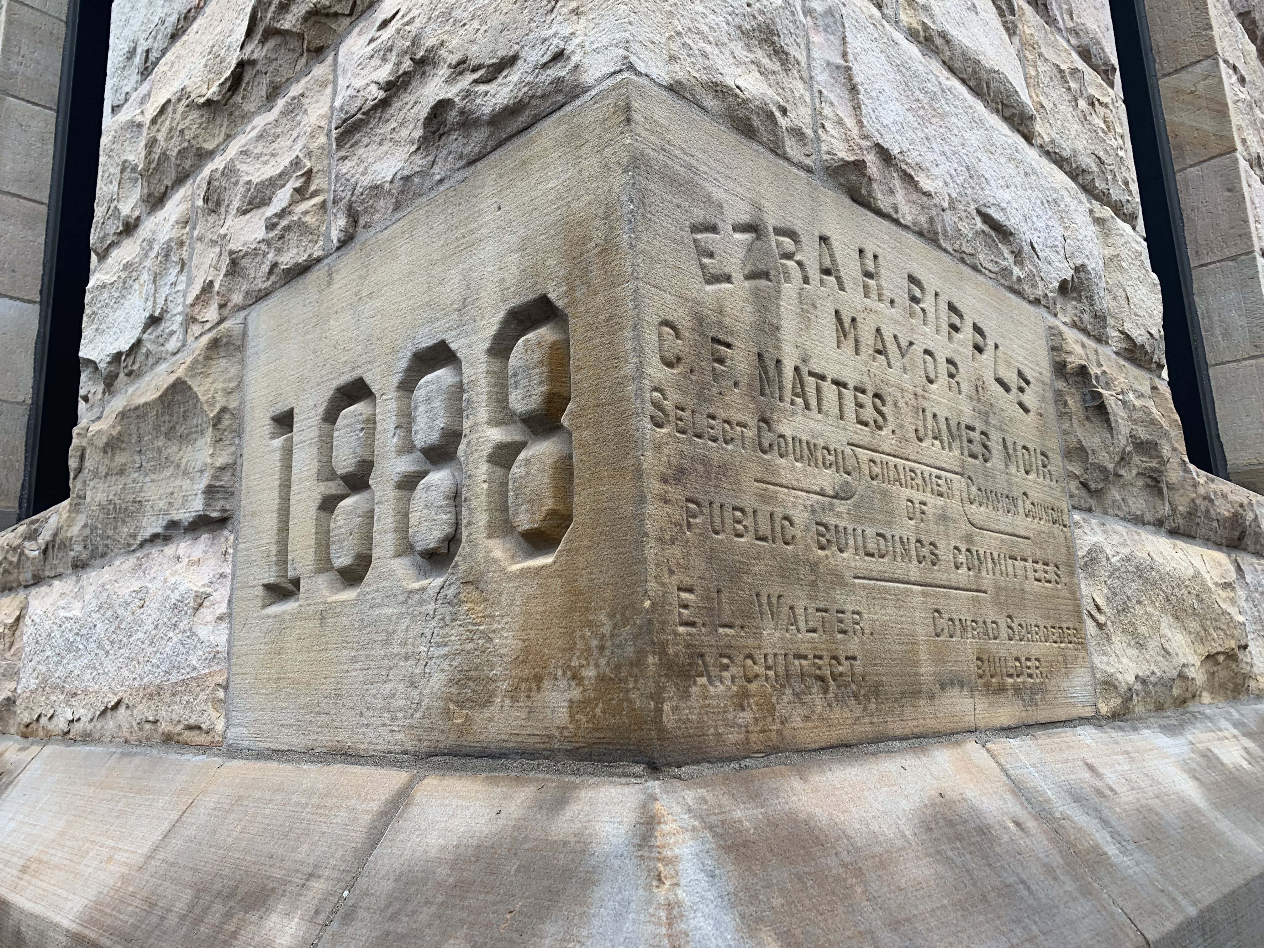 The cornerstone of Scranton City Hall on March 4, 2026....