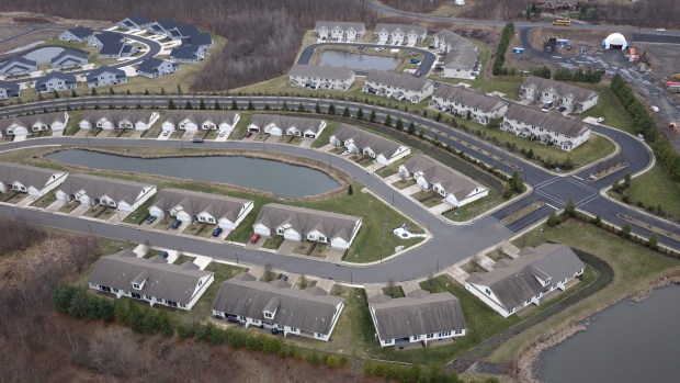 An aerial view of the Highlands housing developement on Eynon Jermyn Road in Archbald Friday, March 20, 2026. (SEAN MCKEAG / STAFF PHOTOGRAPHER)