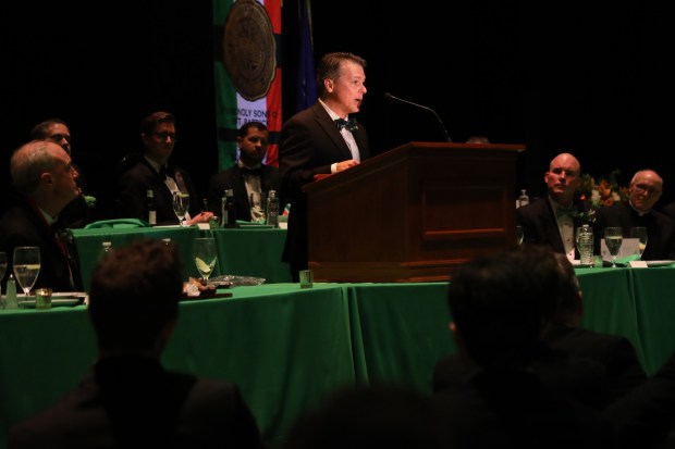 U.S. Rep. Brendan Boyle speaks during the Friendly Sons of St. Patrick dinner at the Scranton Cultural Center in Scranton on Friday, March 13, 2026. (REBECCA PARTICKA/STAFF PHOTOGRAPHER)