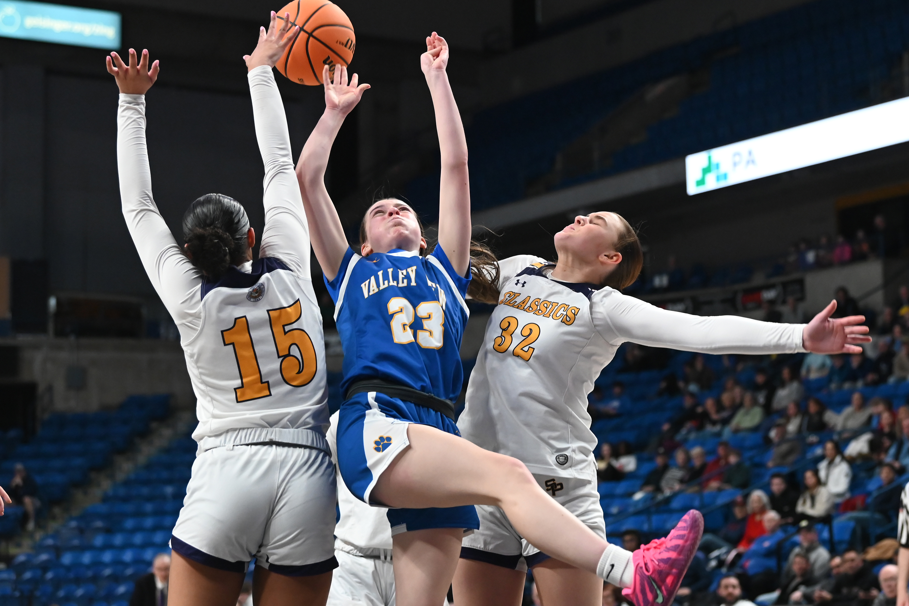 Scranton Prep’s Kamyl Lynady and Chloe Mamera defend Valley View’s...