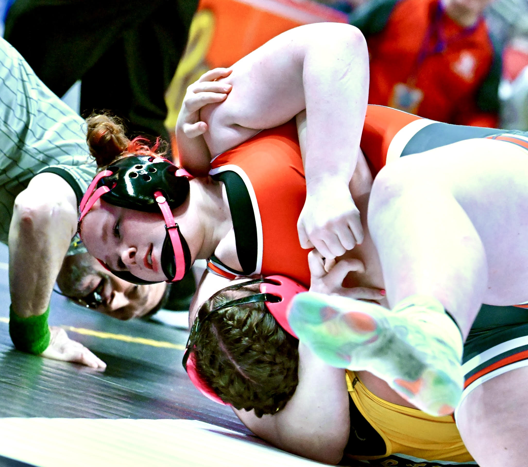 Hazleton Area’s Evelyn Sheer pins Saegertown’s Kaylee Stampin-Williams in the...