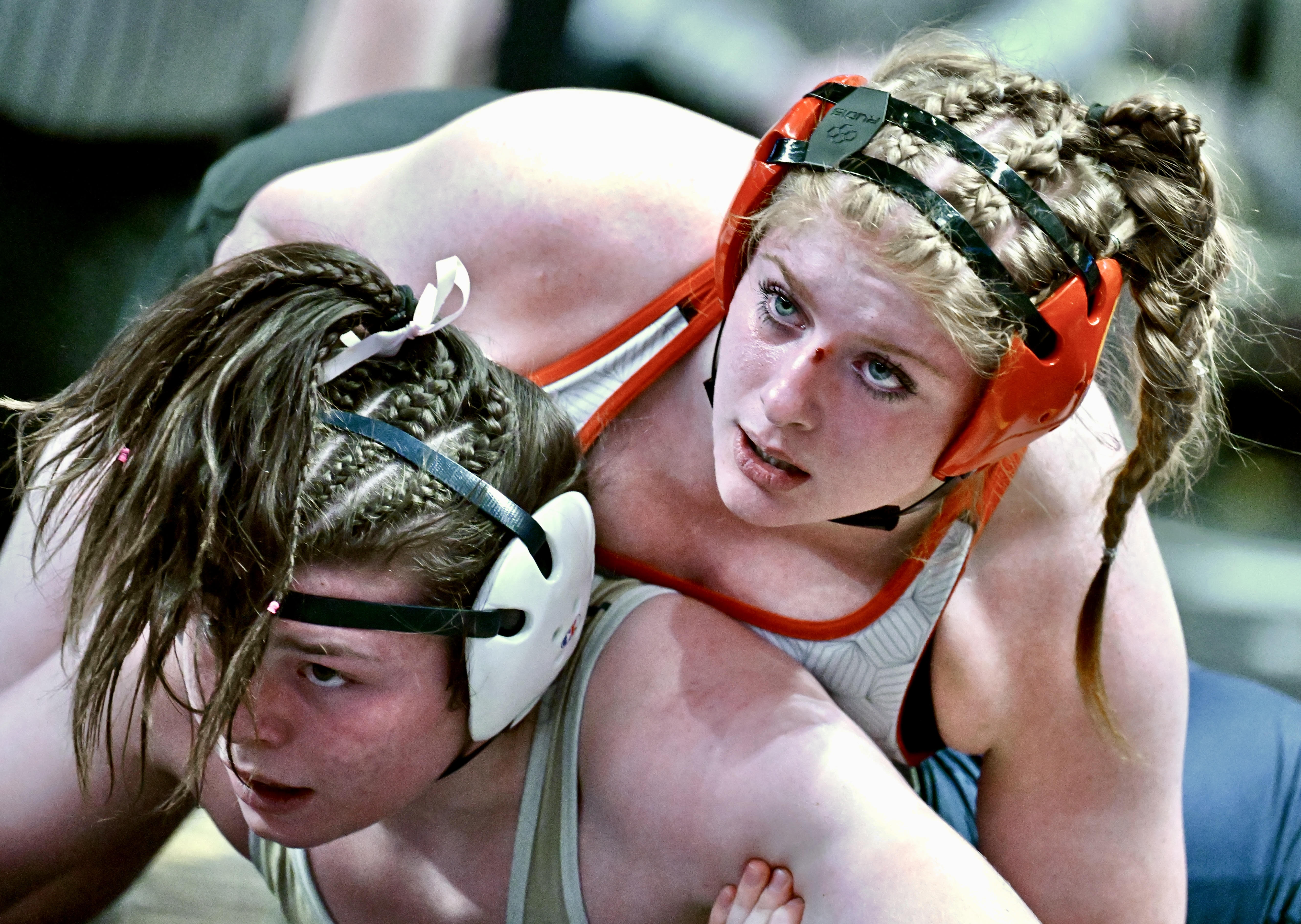 Delaware Valley’s Kate Prior, top, wrestles Kiski Area’s Alyssa Tresco...